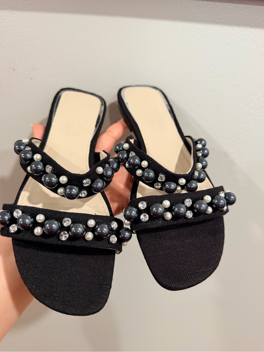 Zara Black Pearl-Embellished Slide Sandals - Women